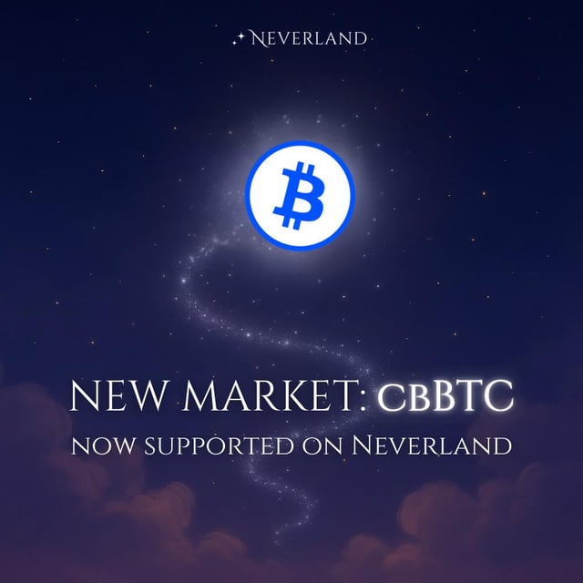 A promotional graphic with a dark starry sky background featuring a Bitcoin logo and text reading 'NEVERLAND' at the top and 'NEW MARKET: CBBTC - NOW SUPPORTED ON NEVERLAND' at the bottom.