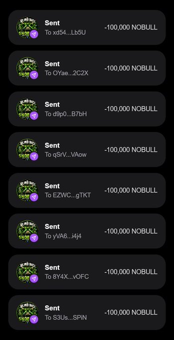 A screenshot showing multiple transaction records of 100,000 NOBULL tokens being sent to various wallet addresses, illustrating the ongoing token distribution/giveaway for the $NOBULL project on Solana. The image serves as proof of the airdrop claim campaign, demonstrating that tokens have been successfully transferred to the first qualifying wallets as part of the promotion requiring users to follow and retweet the pinned post.