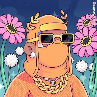 A cartoon NFT profile picture featuring a character wearing an orange hat and sunglasses, surrounded by pink and white flowers with a "pudgies" watermark.
