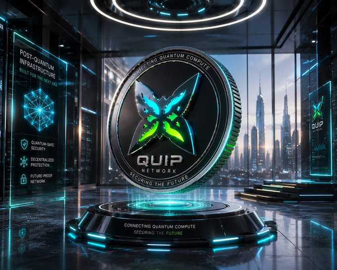 A futuristic digital environment showcases a glowing QUIP Network coin with a green butterfly emblem, surrounded by text about 'Post-Quantum Infrastructure,' 'Quantum-Safe Security,' 'Decentralized Protection,' and 'Future-Proof Network,' set against a city skyline.