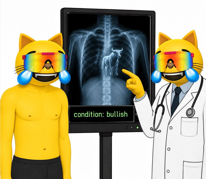 A cartoon illustration showing a muscular yellow cat emoji character and a doctor, also with a cat emoji head, examining an x-ray of a bull on a monitor labeled 'condition: bullish'.