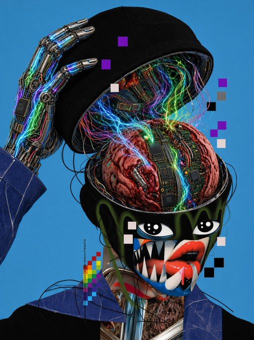 A surreal digital collage showing a figure with a metallic skull, a robotic hand, and an exposed brain made of circuitry with glowing neon wires.