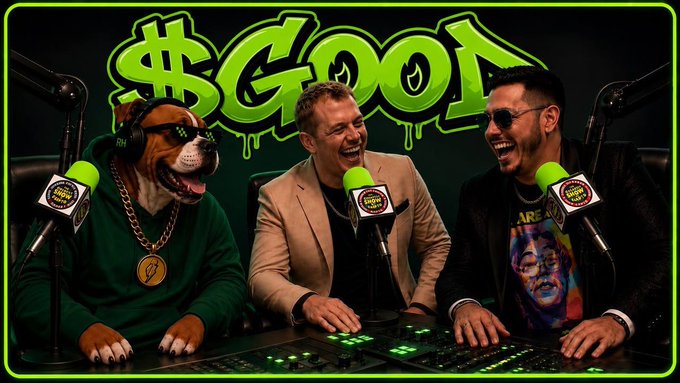 A podcast thumbnail titled '$GOOD' featuring a man in a dog mask with a chain, laughing alongside two other men at a mixing console with green microphones.