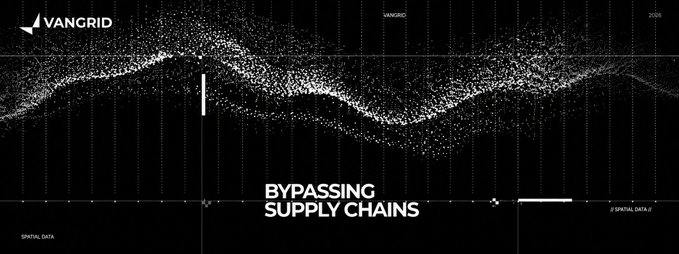 A VANGRID promotional banner with the text 'BYPASSING SUPPLY CHAINS' against a dark background featuring a wave-like particle data visualization.