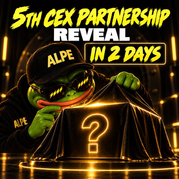 A promotional graphic featuring a Pepe-style frog character wearing an 'ALPE' cap and sunglasses, unveiling a mystery object with text reading '5TH CEX PARTNERSHIP REVEAL IN 2 DAYS'.