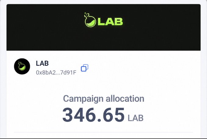 A digital wallet interface shows a "LAB" token holding with a campaign allocation of 346.65 LAB tokens, corresponding to the $LABS airdrop mentioned in the post, where a $9,342 airdrop allocation has plummeted to roughly $27 in value at $0.08 per token.
