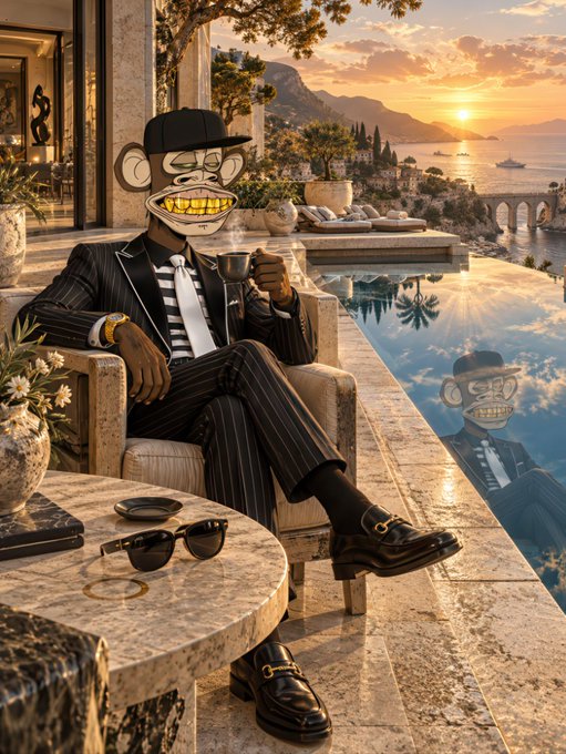 An anthropomorphic monkey in a sharp pinstripe suit and fedora lounges poolside at a luxurious seaside villa, sipping coffee at golden hour, with its reflection perfectly mirrored in the infinity pool below—embodying the post's Friday Web3 mantra of seizing opportunities, embracing momentum, and stepping into the next adventure in style.