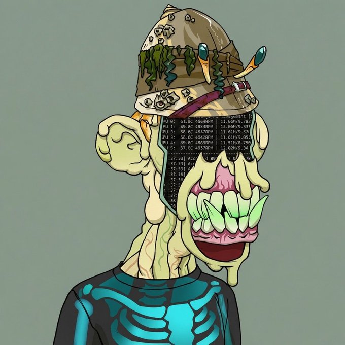 A grotesque, stylized illustration of a melting zombie-like figure wearing a debris-covered bucket hat and a teal shirt with a ribcage design, featuring a computer terminal overlay across its face displaying GPU/CPU performance metrics with readings like "CPU 0: 61.8C 4564RPM 11.66W/9.76" and "GPU 4: 69.8C 4863RPM 11.51W/8.75," evoking the chaotic, overheated "0xGM" crypto trader persona.