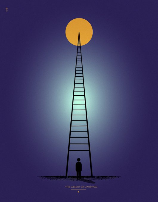 A silhouetted figure stands at the base of an impossibly tall ladder reaching toward a golden sun, with the text 'THE WEIGHT OF AMBITION' at the bottom.