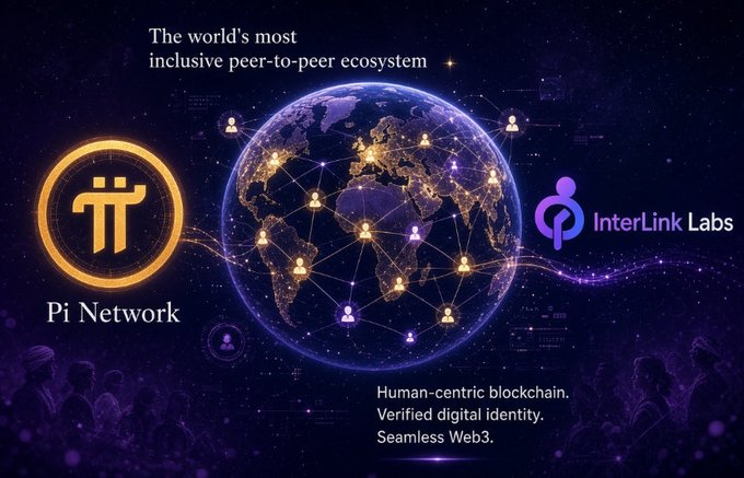 **Caption:** Promotional graphic for **Pi Network** featuring the tagline "The world's most inclusive peer-to-peer ecosystem" alongside InterLink Labs' branding, with text highlighting "Human-centric blockchain. Verified digital identity. Seamless Web3."

**Relation to post:** The image showcases Pi Network's branding and ecosystem messaging, while the post addresses one of its biggest operational pain points — the slow KYC (Know Your Customer) verification process, noting that only ~17.5M of 60M+ users have completed verification as of 2026 despite the new AI-powered Fast Track KYC launched in late 2025.