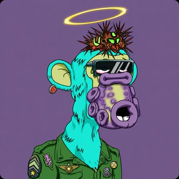 The image features a cartoon monkey wearing sunglasses, goggles, and a helmet with a halo around its head. The monkey appears to be wearing a military uniform or costume, which adds an element of humor and whimsy to the scene. The background is purple, providing a contrasting color that makes the monkey stand out even more. The image also includes text elements such as "NFT's" and "@veratheape", suggesting it might be related to a NFT (Neural Netting Framework) or an art piece with a humorous twist.