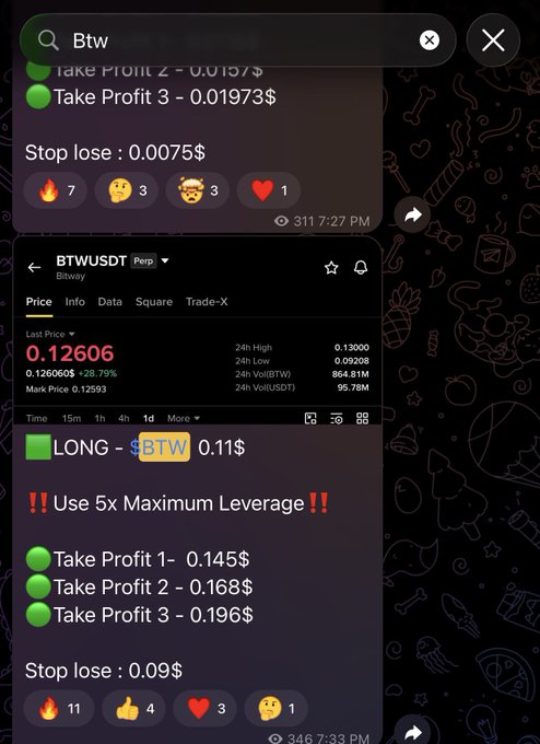 The image displays two trading signals for $BTWUSDT, both recommending LONG positions—one at $0.11 with 5x maximum leverage and targets up to $0.196, and another at $0.115 with a stop loss at $0.09. The accompanying post highlights $BTW's strong upward momentum from $0.11 to $0.40, mocking those who opened shorts despite warnings of potential gains.