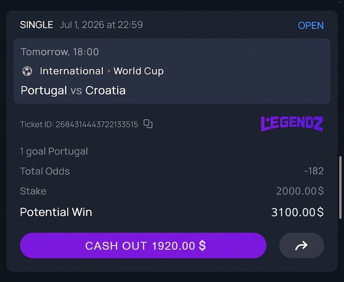 The image shows a Legendz betting ticket for "Portugal vs Croatia" (International World Cup, tomorrow at 18:00) with a stake of $2,000 and a potential win of $3,100, displaying options to cash out $1,920. It aligns with the post's promotion highlighting a $2,000 bet on the Portugal vs Croatia match and a giveaway requiring followers to drop deposit screenshots and SOL wallets for a chance to win $100.