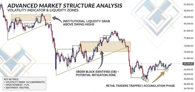 The image displays an "Advanced Market Structure Analysis" chart of Bitcoin ($BTC), highlighting key technical patterns including an "Institutional Liquidity Grab Above Swing Highs," an "Order Block Identified (OB) - Potential Mitigation Zone," and a "Retail Traders Trapped | Accumulation Phase" annotation near the $65,146 price level. With metrics showing a Volatility Index of 24.5 (Moderate), Open Interest +12%, and Neutral Sentiment, the chart visually supports the post's claim of a bottom forming at $65k, where short positions have been trapped and smart money accumulation is underway.