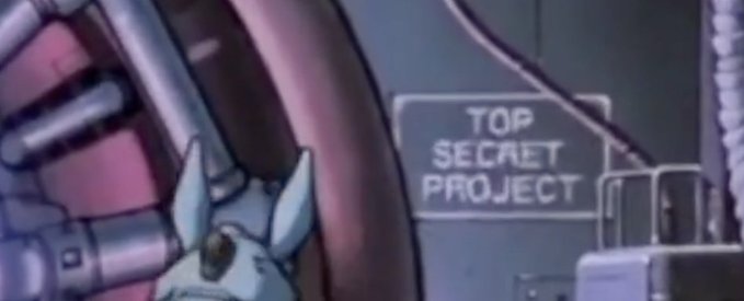 An animated scene showing a bat-like character next to a building labeled 'TOP SECRET PROJECT' with a small figure standing on a platform.