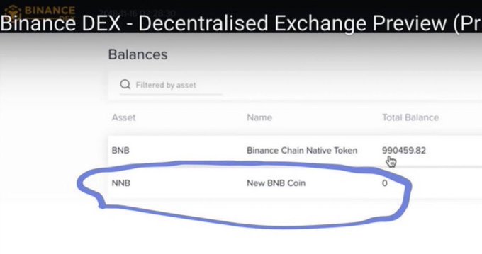 The image shows a Binance DEX "Balances" preview listing BNB (Binance Chain Native Token) with a total balance of 990,459.82, alongside NNB (New BNB Coin) with a balance of 0—highlighted in blue to emphasize its appearance alongside $BNB in official Binance documentation, suggesting it may be an underrecognized token with potential.