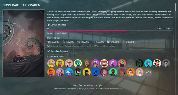 A game boss screen titled “BOSS RAID: THE KRAKEN” describes a colossal kraken in the Devil’s Triangle, with a health bar, reward pool, leaderboard, team icons, and the instruction “Send fire teams into the fight.”