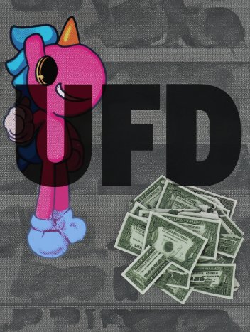 A cartoon image of a pink unicorn character labeled 'UFD' standing next to a pile of US dollar bills on a dark textured background.