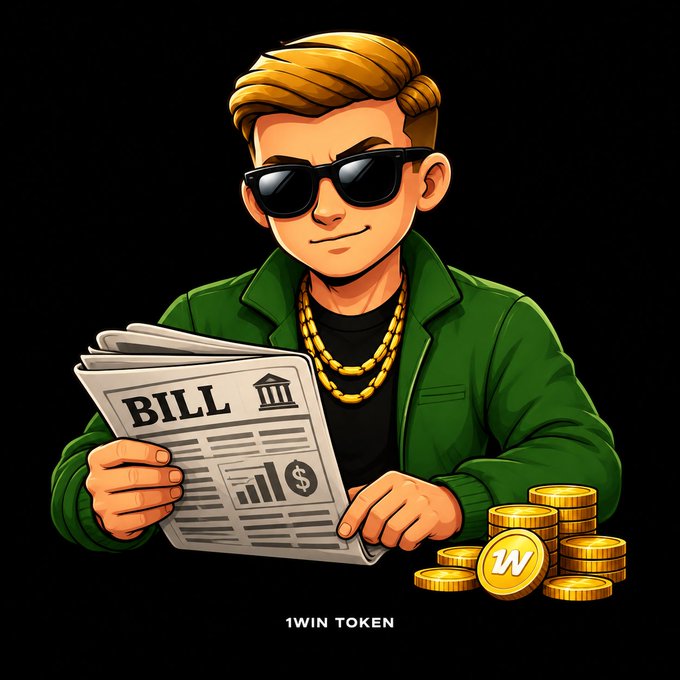 A cartoon-style illustration of a blonde man wearing sunglasses, a green jacket, and gold chains, holding a newspaper labeled 'BILL' next to stacks of coins marked '1W', with '1WIN TOKEN' displayed below.