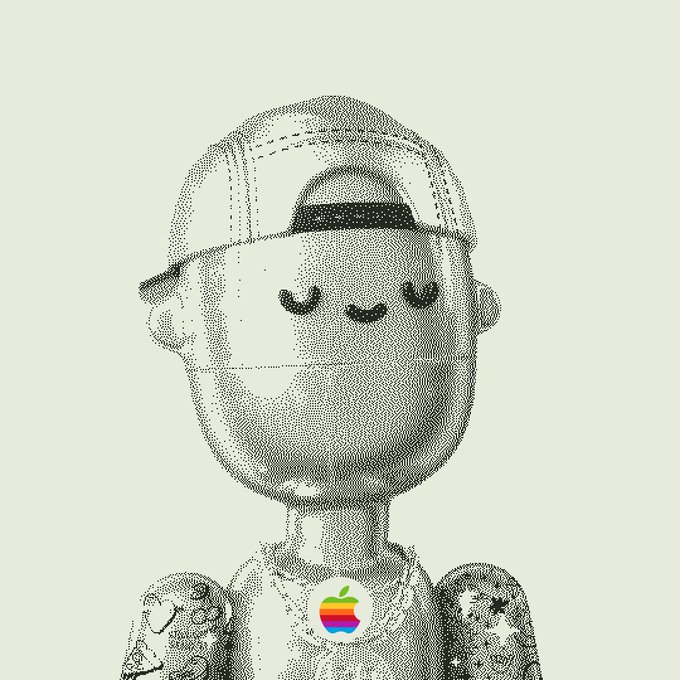 A black-and-white halftone illustration of a toy figure wearing a baseball cap backward, with a retro Apple logo on its shirt.