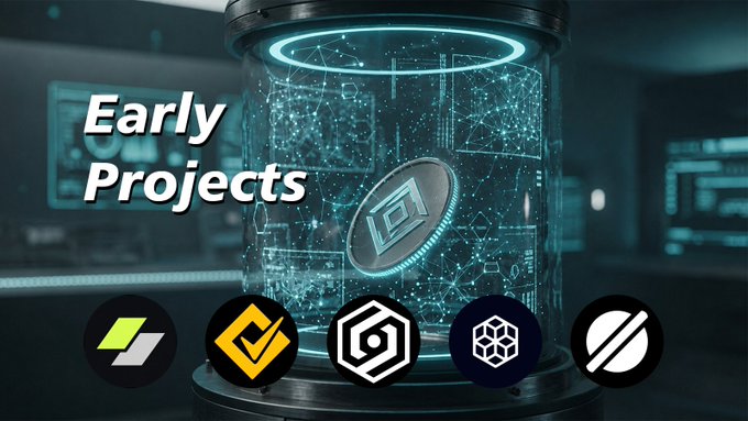 A futuristic graphic featuring a glowing cylindrical chamber containing a digital coin, overlaid with the text "Early Projects" and displaying five cryptocurrency/project logos along the bottom, visually representing the collection of early-stage blockchain projects and potential airdrops mentioned in the post.