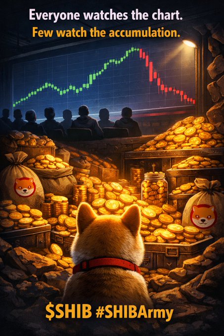A Shiba Inu dog stares at a massive hoard of gold coins and treasure, while silhouettes in the background watch a chart showing a green rally collapsing into a red crash. The text reads, "Everyone watches the chart. Few watch the accumulation. $SHIB  #SHIBArmy," symbolizing the contrast between short-term price action and long-term holding of the Shiba Inu token.