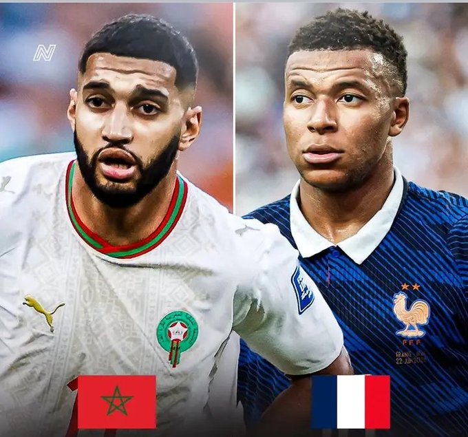 A split-screen graphic featuring two soccer players: on the left, Achraf Hakimi in a white Morocco jersey, and on the right, Kylian Mbappé in a blue France jersey, with the respective national flags of Morocco and France displayed at the bottom.