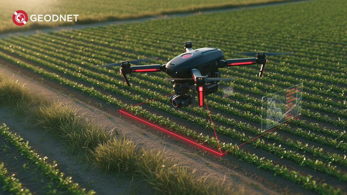 An aerial promotional image branded 'GEODNET' showing a black quadcopter drone with red scanning lasers hovering over rows of green agricultural crops in a field.