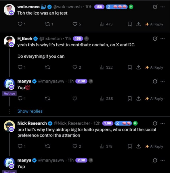 A screenshot of an X/Twitter thread shows posts about an ICO test, onchain contributions, and social-preference control, with visible usernames including “wale.moca,” “H_Beeh,” “manya,” and “Nick Research.”