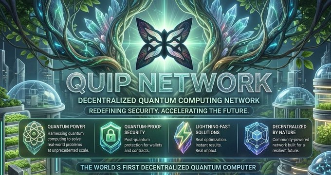 The image features a poster for Quip Network, which is an organization dedicated to developing and promoting quantum computing technology. The poster showcases various elements of this technology, including a butterfly-shaped logo that represents the concept of "decentralized Quantum Computing network". The poster also includes information about the benefits of using a quantum computer, such as increased processing power and efficiency in solving complex problems.

The image is accompanied by text that highlights the importance of quantum computing for the future, stating that it's "the world's first decenitalized Quantum Computer" and emphasizing its potential impact on various fields like finance, healthcare, and more. The overall design of the poster aims to capture attention and convey the message about Quip Network and their mission in a visually appealing manner.