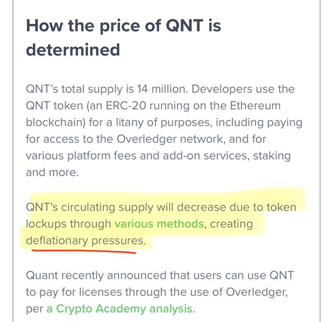 A snippet explaining QNT's price mechanics, noting its 14 million total supply and highlighting that token lockups create deflationary pressures—a key point referenced in the post about increased utilization leading to token burning and price appreciation.
