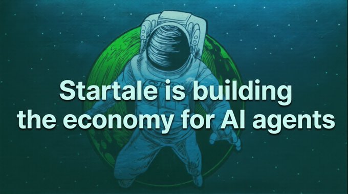 An illustration of an astronaut floating in front of a green planet with the text 'Startale is building the economy for AI agents'.
