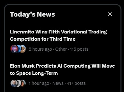 A "Today's News" panel displays two headlines: "Linenmito Wins Fifth Variational Trading Competition for Third Time" (posted 5 hours ago in Other, 115 posts) and "Elon Musk Predicts AI Computing Will Move to Space Long-Term" (posted 1 hour ago in News, 417 posts). The image complements the accompanying post about LinenMito's trending status following their 3rd Variational Competition win with $490K in profits, highlighting the news section that helped spark the celebration.
