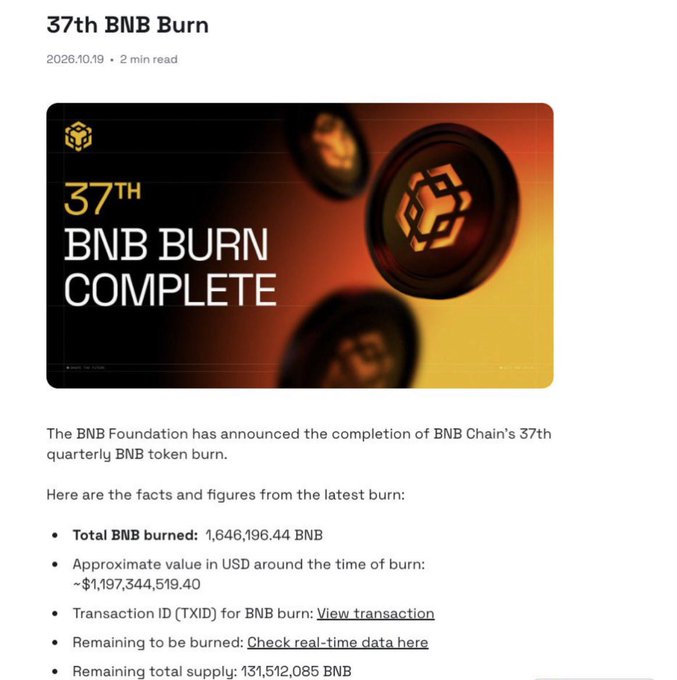 An article titled '37th BNB Burn' dated 2026.10.19, announcing the BNB Foundation's completion of the 37th quarterly BNB token burn totaling 1,646,196.44 BNB.
