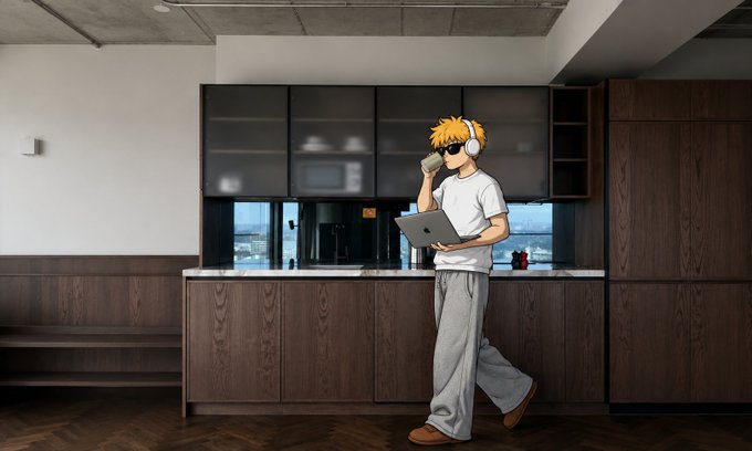 An anime-style illustration of a boy with orange hair wearing headphones and sunglasses, holding a tablet and a cup in a modern kitchen.