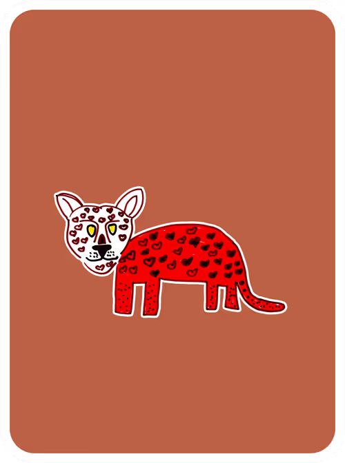 An illustration of a stylized leopard or jaguar with a white face and yellow eyes, featuring a body covered in red and black heart-shaped spots against a brown background.