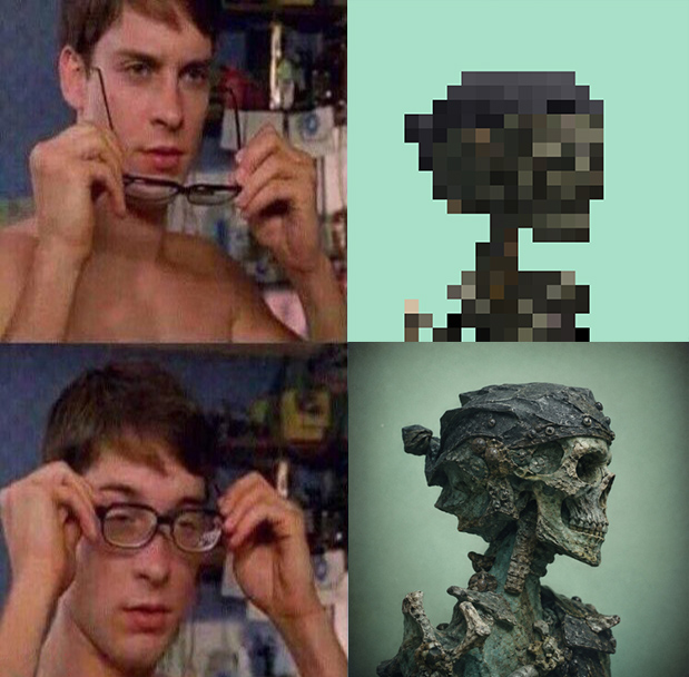 A four-panel meme using photos of a young man putting on glasses, with the right panels humorously replacing him with pixelated and skeletal figures.