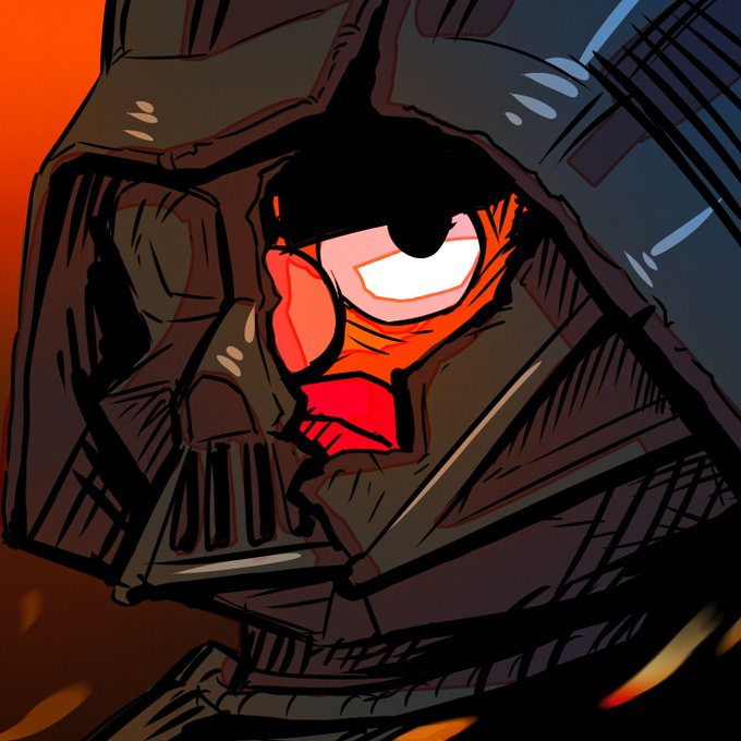A stylized digital illustration shows a menacing figure wearing a dark, tattered hood that obscures its face, with glowing white eyes and a wide, sinister grin emerging from the shadows. Sparks or embers float in the fiery orange background, adding to the ominous, otherworldly atmosphere of the character.