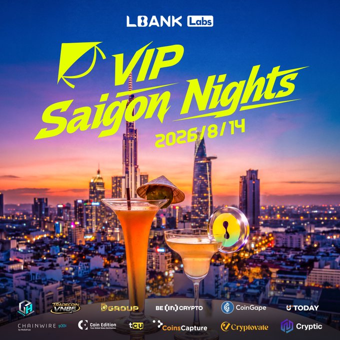 Promotional poster for 'LBank Labs VIP Saigon Nights' dated 2026/8/14, featuring cocktails with Vietnamese hats against a Saigon skyline at sunset, with sponsor logos including Chainwire, Coin Edition, CoinsCapture, Cryptovate, and Cryptic.