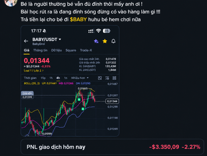 A screenshot of a Binance trading chart for the BABY/USDT pair priced at 0.01344, accompanied by a PNL showing a loss of -$3.350,09 (-2.27%) and Vietnamese text commentary about the 'BABY' token.