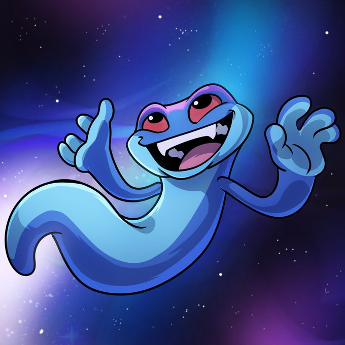 A cheerful cartoon blue snake with red eyes floats joyfully against a starry cosmic background, seemingly representing the $SNEK meme coin referenced in the post about finding opportunity during quiet moments of low market cap, when noise fades and smart money pays attention.