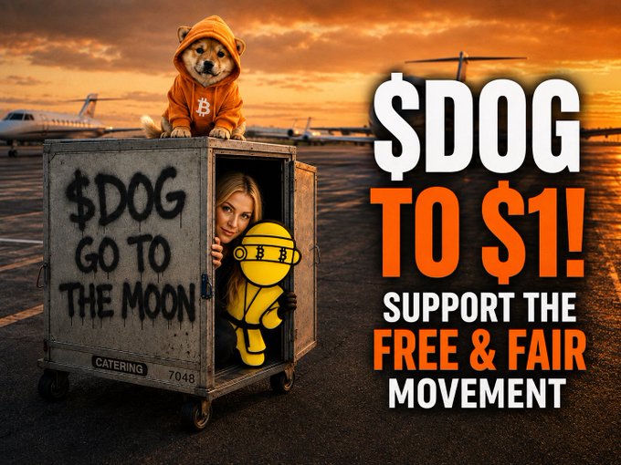 An AI-generated promotional image featuring a dog in an orange Bitcoin hoodie atop a catering cart labeled '$DOG GO TO THE MOON' and a woman with a Bitcoin character inside, accompanied by text reading '$DOG TO $1! SUPPORT THE FREE & FAIR MOVEMENT' against an airport runway backdrop.