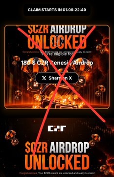 The image shows a promotional graphic for a "$CZR AIRDROP UNLOCKED" campaign with a red "X" struck through it, highlighting "180 $CZR airdrop" and noting eligibility criteria such as being a Genesis/Nebula tier user, contrasted with the post's complaint that the 180 $CZR allocation is worth only $4.50 at $0.025, symbolizing disappointment with the airdrop reward.