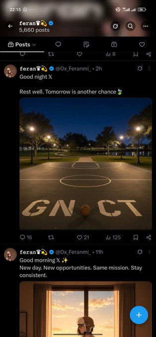 An Instagram profile screenshot showing user 'feran' with posts reading 'Good night' and 'Good morning', featuring images of a basketball court and a window view.