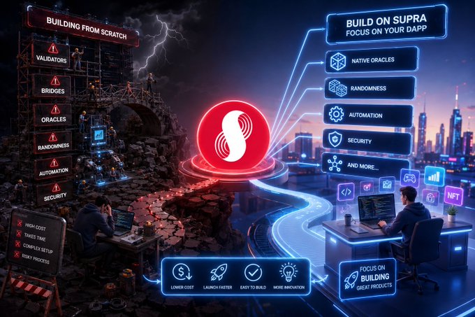 A marketing graphic comparing 'Building from Scratch' (showing infrastructure needs like validators, bridges, oracles, randomness, automation, security with high cost, time, and complexity) versus 'Build on Supra' (offering native oracles, randomness, automation, security, with focus on dApp development, lower cost, faster launch, and ease of use).