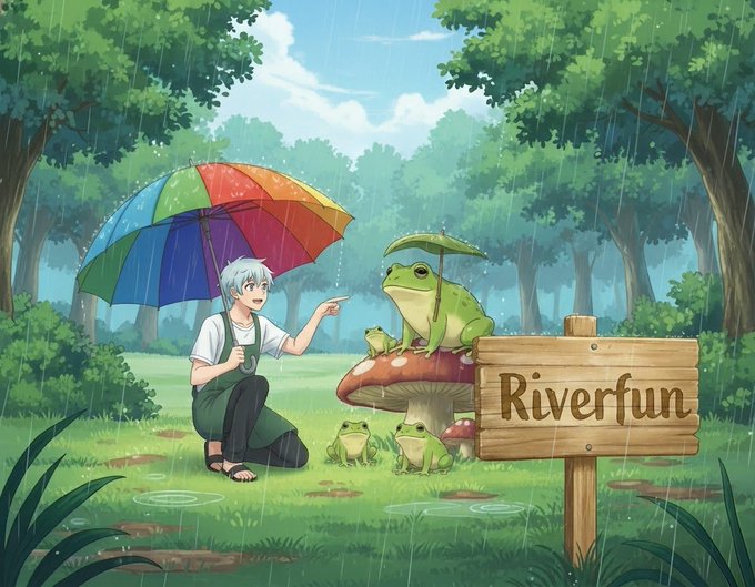An anime-style illustration shows a silver-haired boy with a rainbow umbrella kneeling in the rain next to a large mushroom with frogs, beside a sign reading 'Riverfun'.