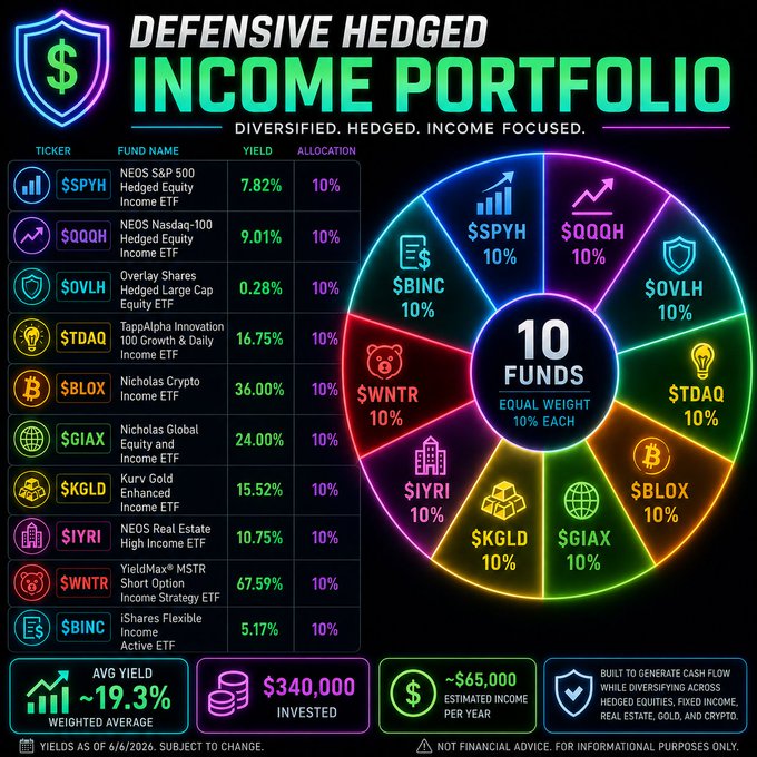 The image shows a colorful infographic that illustrates an Income Portfolio, with each component represented by its own vibrant color. The infographic displays various types of hedged equity instruments such as SSPH, QQQH, OVLH, TDAQ, BLOX, and GIAX, along with their respective average yields (19.3%, ~$340,000/year in income), diversification factors, and current invested amounts, totaling up to approximately $65,000. The infographic is presented against a dark background, making the colors stand out prominently.