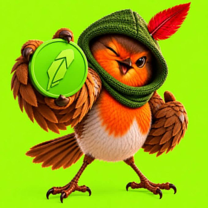 A cartoon robin wearing a green Robinhood-style hooded cloak holds up a green coin featuring the brand's feather logo, set against a bright green background. The image visually reinforces the post's endorsement of the $ROBINHOOD ticker, with the bird mascot's name literally matching the company and crypto project.