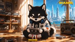 The image features a black and white dog sitting on the floor, holding a record player with its paws while wearing headphones. The background shows an urban setting with buildings and palm trees, suggesting that this scene takes place in a city or town near the coast. The caption of the image reads "The best community, not just watchers of stories but creators of stories together Let the world see the creativity of the Mame community @mamebnb #MAME #TheLastShiba #MAMECreativeHub #MAMECommunity".