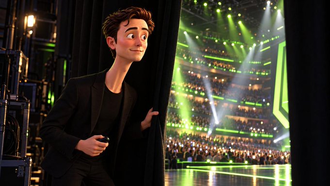 3D-rendered animated-style man in a black suit peeking out from backstage curtains with a surprised expression, looking out at a large concert arena with a green-lit stage and audience.